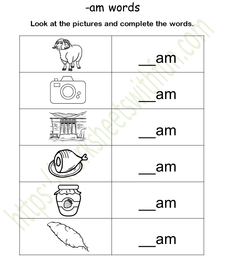 English General Preschool Am Word Family Worksheet 1